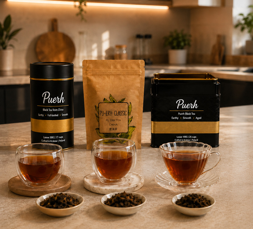 Pu-erh Leo Tea – elegancka puszka, doypack i kubek prezentowy